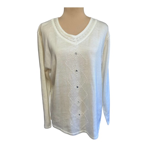 NWOT Jenny Embellished and Beaded V-Neck Winter White Sweater Size XL - Picture 1 of 5